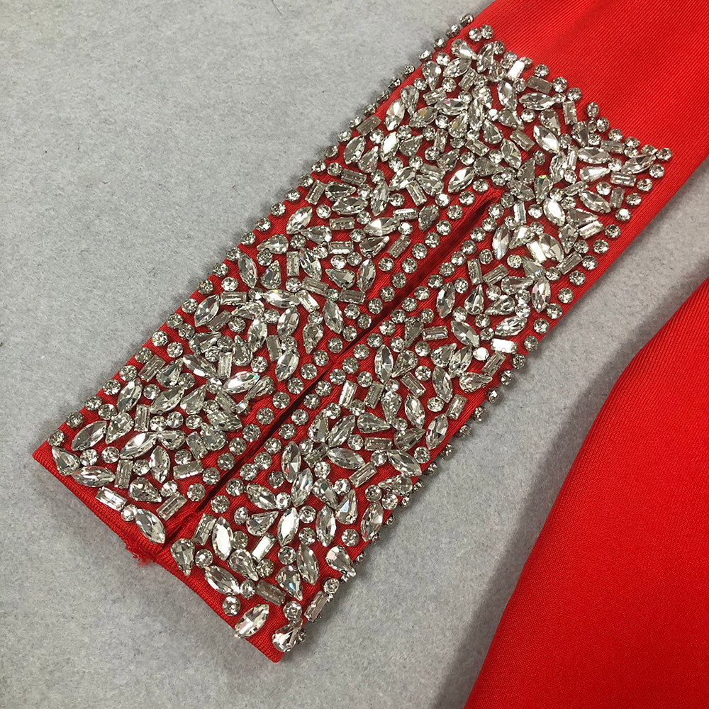 Long Sleeve Crystal Detail Midi Dress Red  HV1687