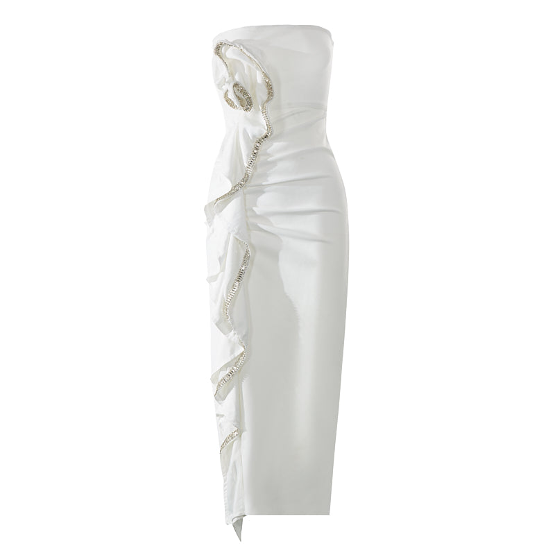 Strapless Embellished Ruffle Maxi Dress White