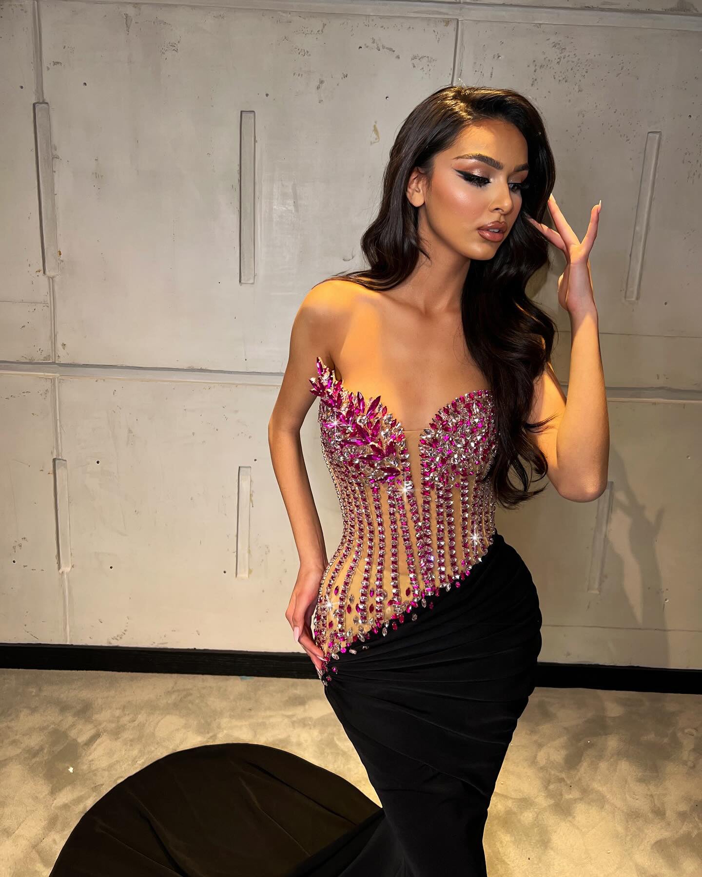 Strapless Crystal Corset Maxi Velvet Dress Hot Pink Black HV2064