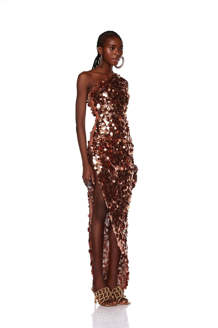 One Shoulder Sequin Maxi Dress Gold HV1073