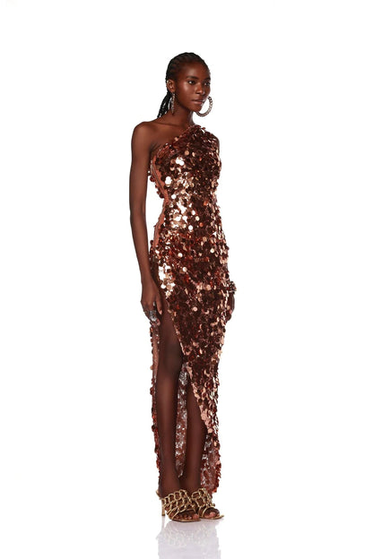 One Shoulder Sequin Maxi Dress Gold HV1073