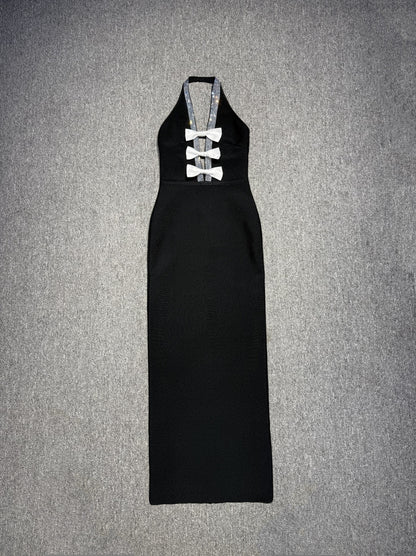 Halter Crystal Bow Detail Maxi Dress Black HV2539