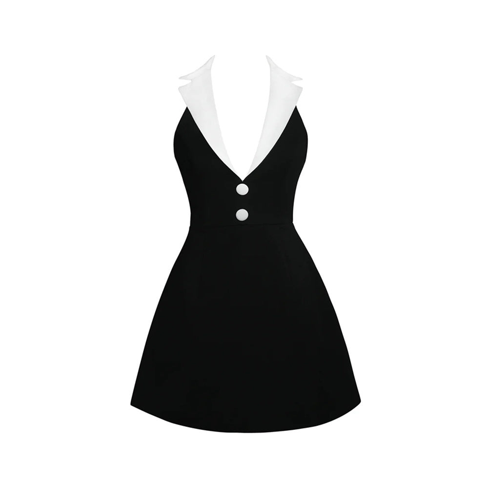 Halter Lapel Collar Dress Black White HV2543