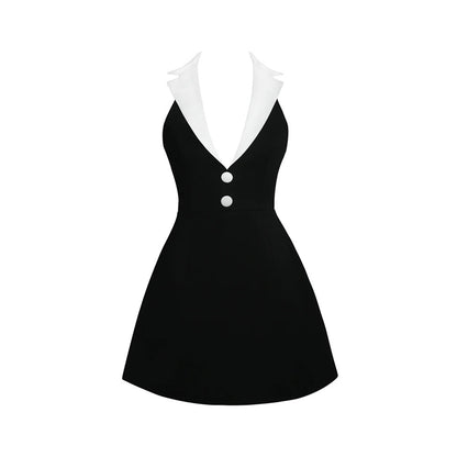 Halter Lapel Collar Dress Black White HV2543