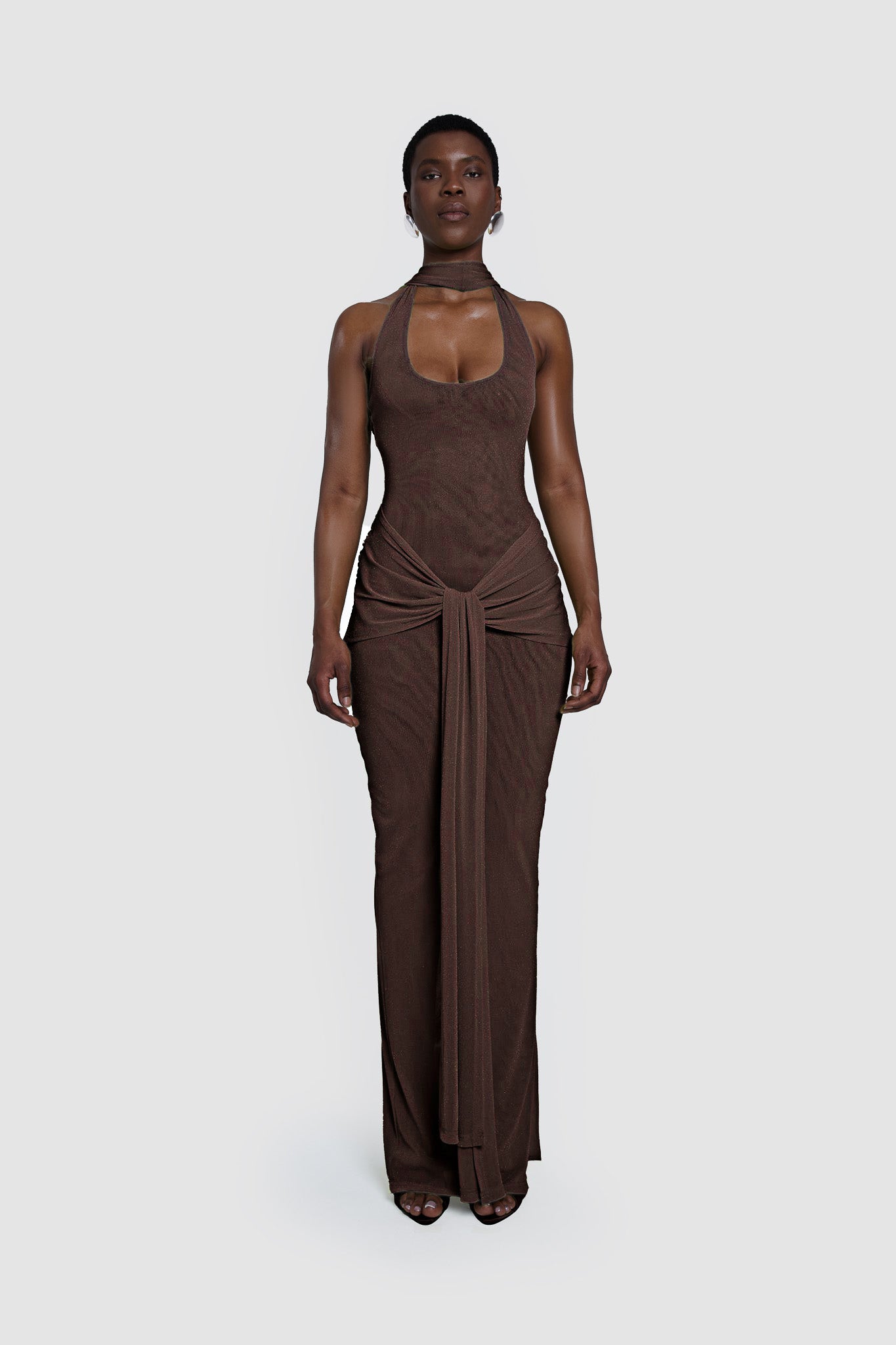 Halter Sparkly Maxi Dress Brown HV0009