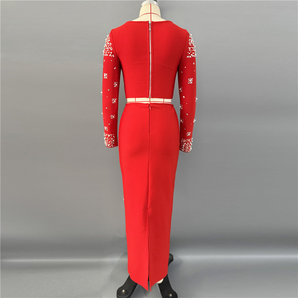 Long Sleeve Crystal Embellished Two Piece Maxi Dress HV3098