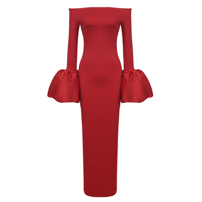 Long Sleeve Bardot Maxi Dress Red HV1855