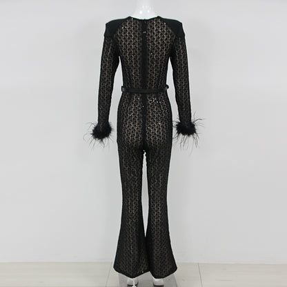 Feather Long Sleeve Sequin Jumpsuit Black HV1470