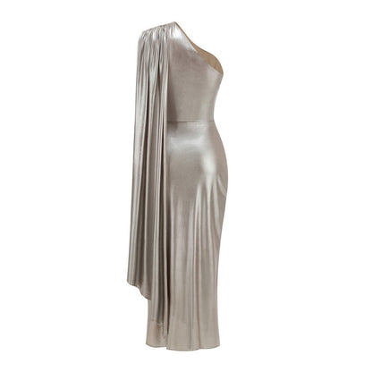 One Shoulder Draped Midi Dress Titanium HV2735