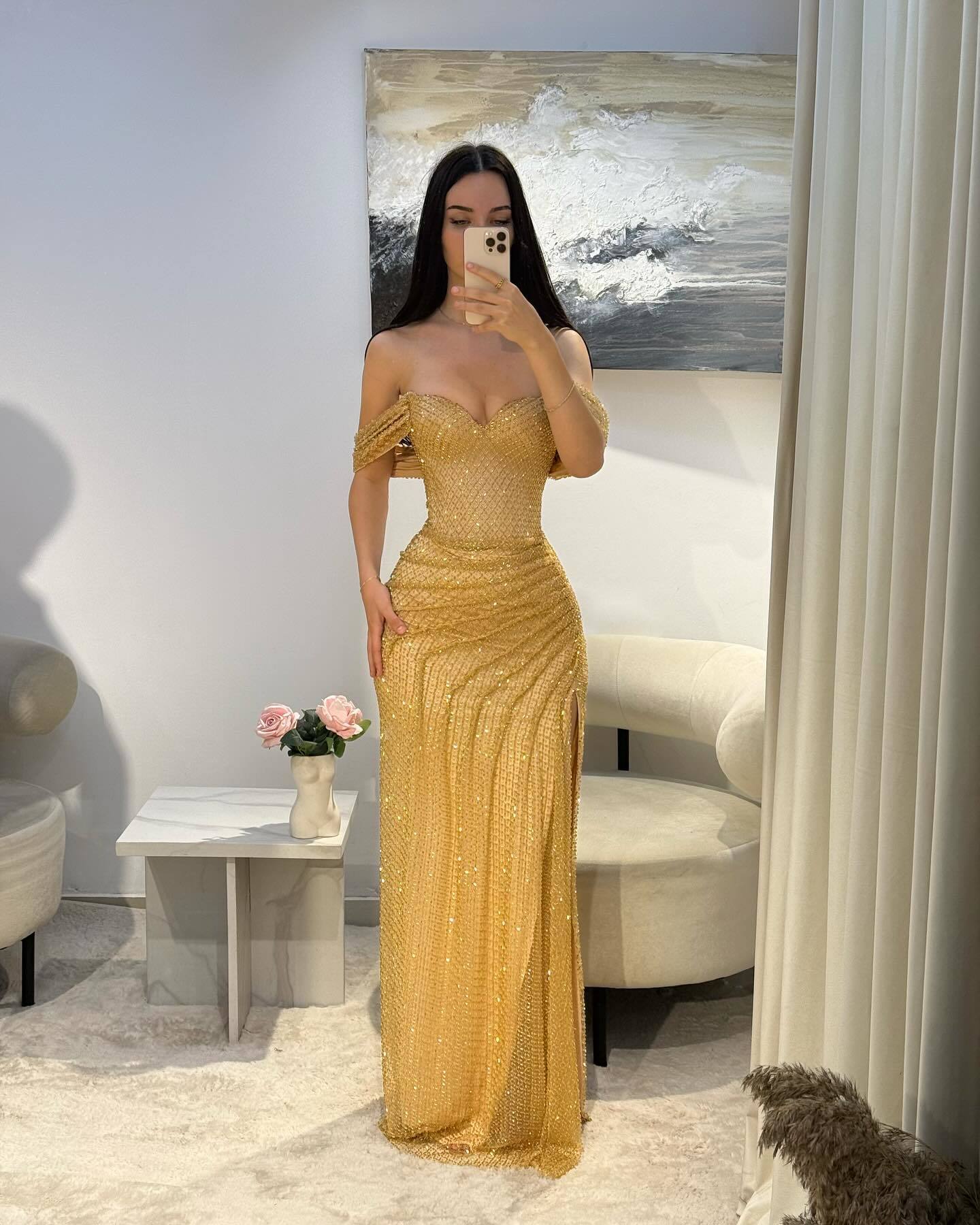Sequin Bardot Maxi Dress Gold HV2905