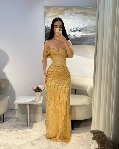 Sequin Bardot Maxi Dress Gold HV2905