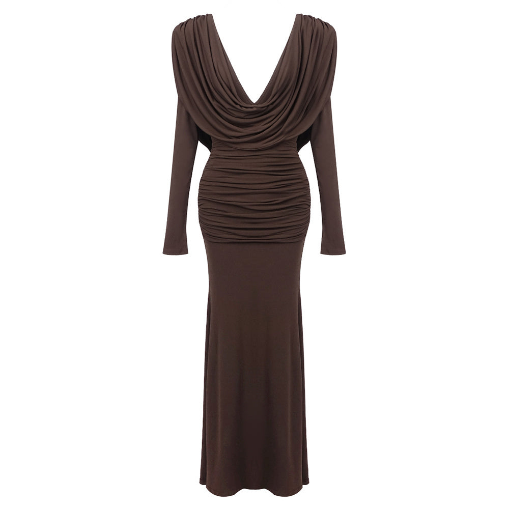 Long Sleeve Draped Maxi Dress Brown HV2076