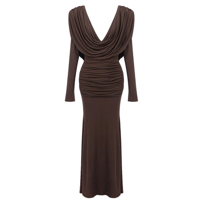 Long Sleeve Draped Maxi Dress Brown HV2076