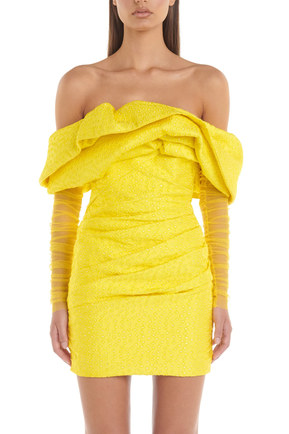 Long Sleeve Draped Off Shoulder Sparkly Dress Yellow HV9159