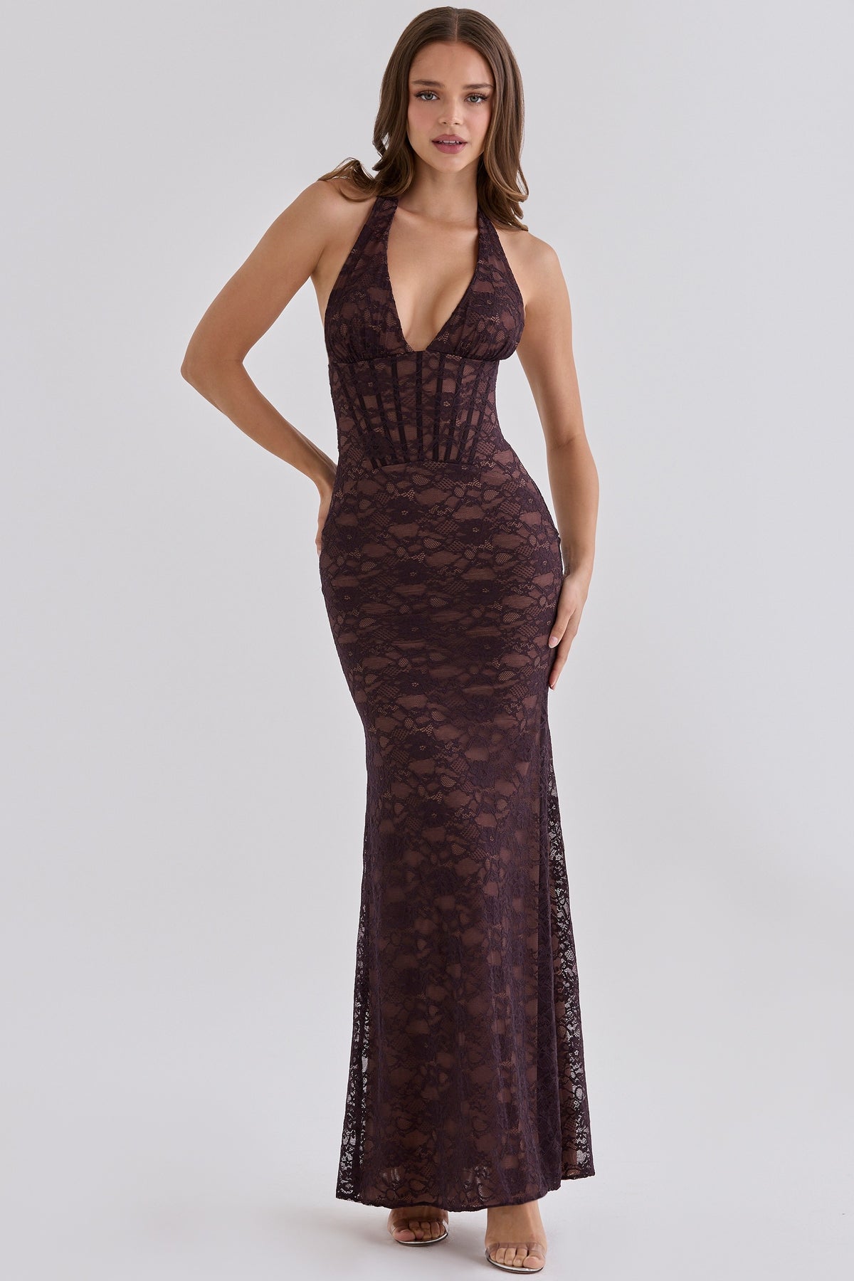 Halter Structured Lace Maxi Dress Brown HV3237