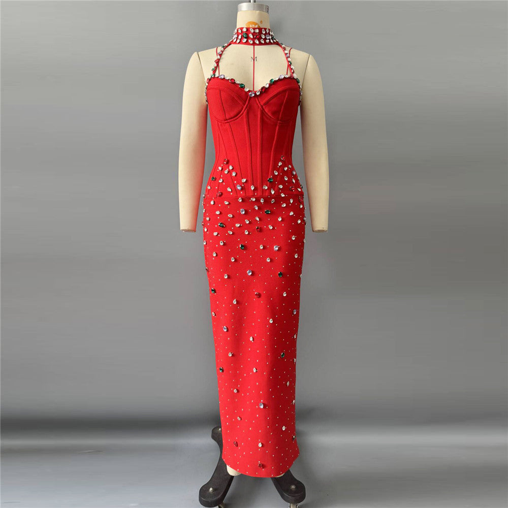 Halter Crystal Structured Bustier Maxi Dress HV3092