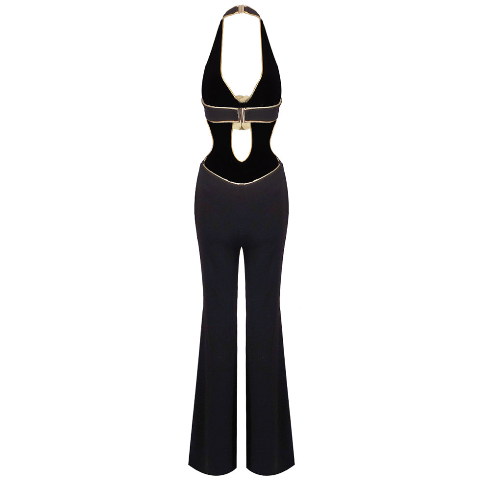 Halter Floral Jumpsuit Black Gold HV1638