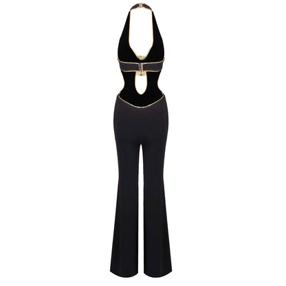 Halter Floral Jumpsuit Black Gold HV1638