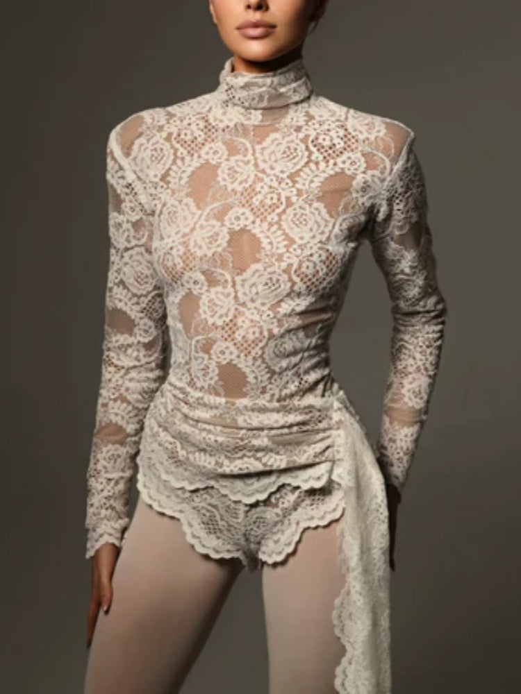 Long Sleeve Draped Lace Bodysuit White HV1546