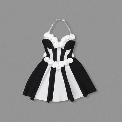 Strapless Floral Corset A Line Dress Black White HV2142