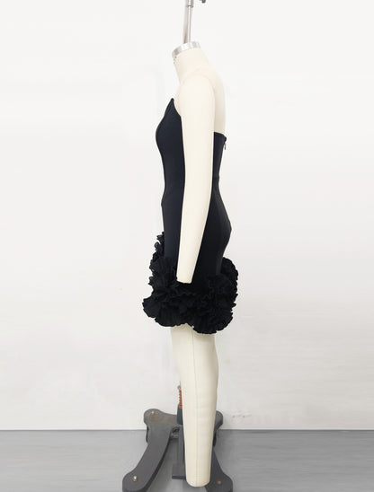 Strapless Floral Ruffle Dress Black
