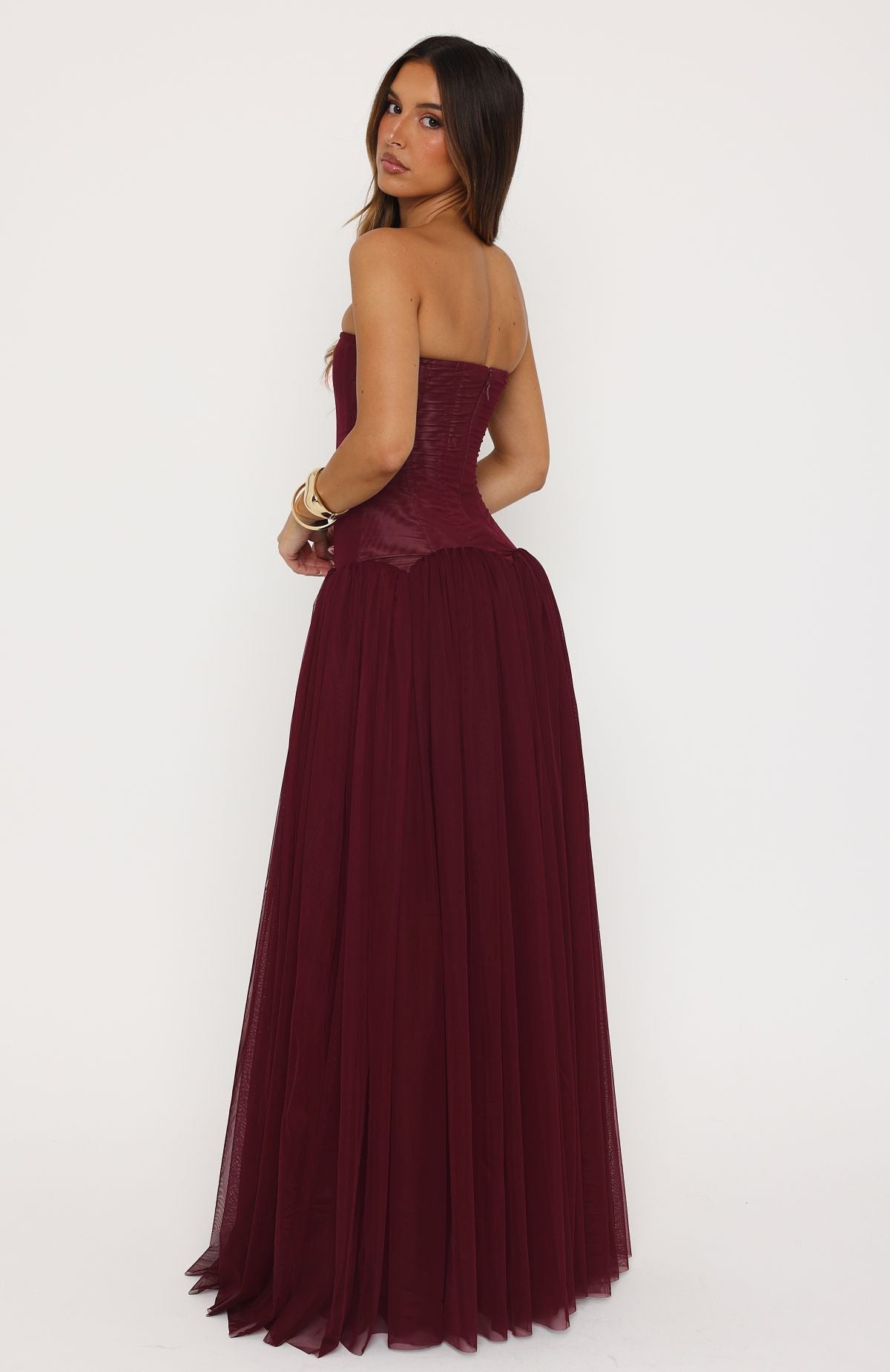 Strapless Structured A Line Maxi Dress Burgundy HV0086