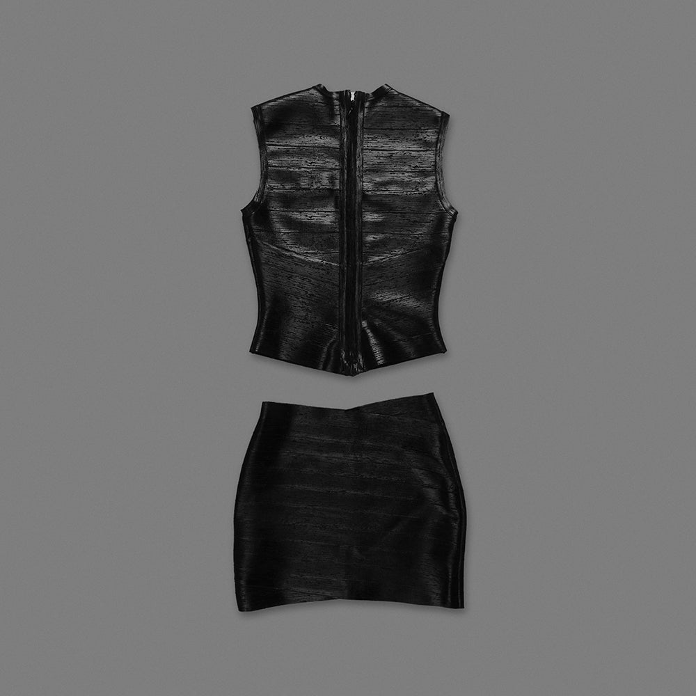 Woodgrain Foil Print Two Piece Dress Black HV2707