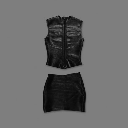 Woodgrain Foil Print Two Piece Dress Black HV2707
