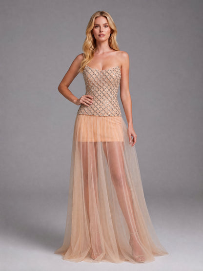 Strapless Embellished Mesh A Line Maxi Dress Nude HV3229