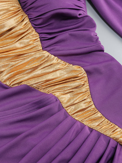 One Sleeve Ruched Dress Purple Gold