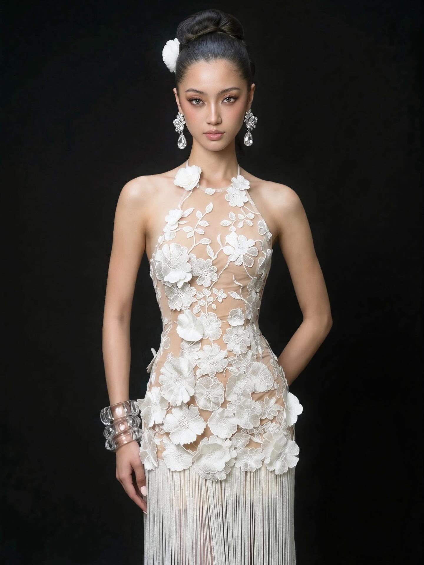 Halter Floral Tassel Maxi Dress White HV3127