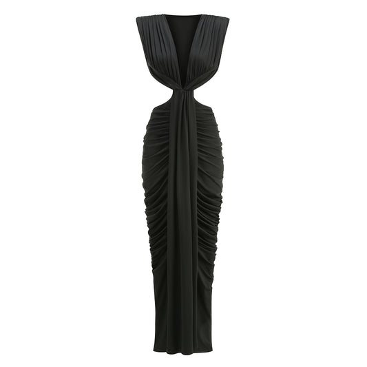 Draped Cut Out Sides Maxi Dress Black HV3141