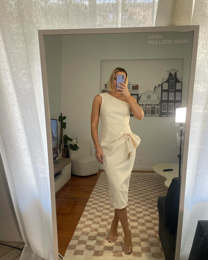 One Shoulder Draped Midi Dress White HV0003