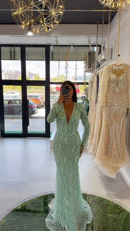 Long Sleeve Pearl Sequin Maxi Dress Green HV2859