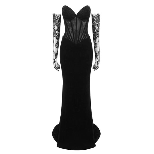 Strapless Lace Corset Maxi Velvet Dress Black HV1317