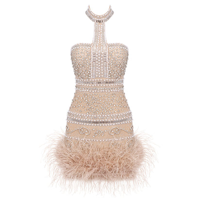 Halter Crystal Feather Dress Nude HV1798