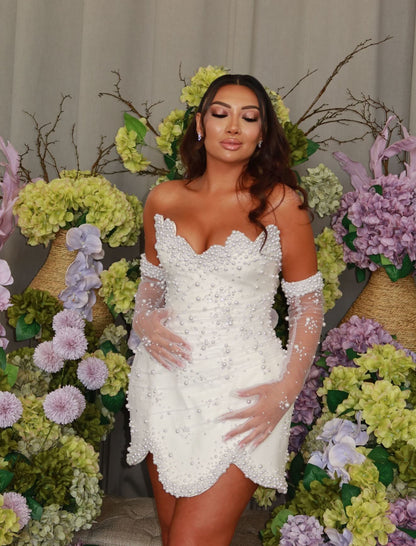 Strapless Pearl Bustier Dress White HV2623