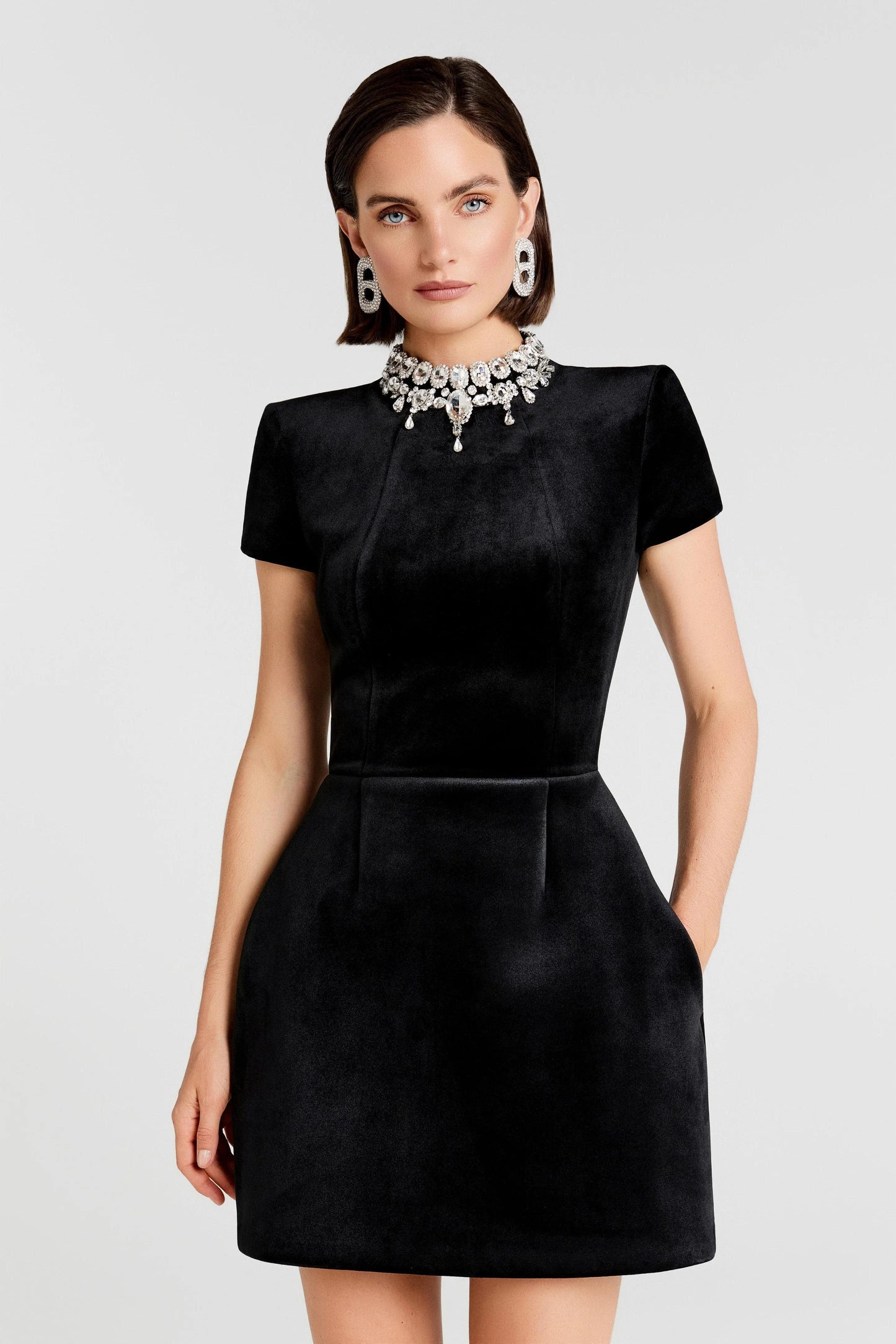 Short Sleeve Crystal Neckline Dress Black HV2724