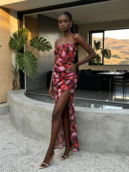 Strapless Draped Floral Maxi Dress Red HV3174