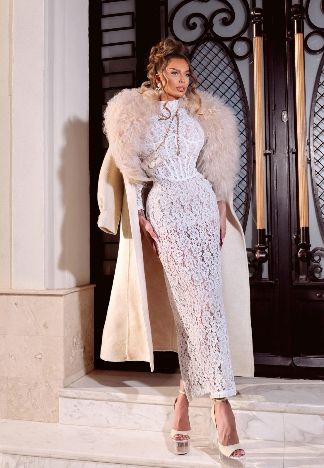 Long Sleeve Structured Lace Maxi Dress White HV2657