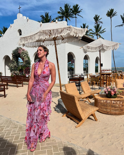 Halter Floral Ruffle Maxi Dress Pink HV2137