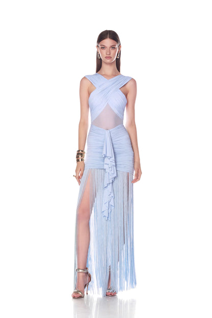 Draped Ruffle Tassel Maxi Dress Blue HV0008