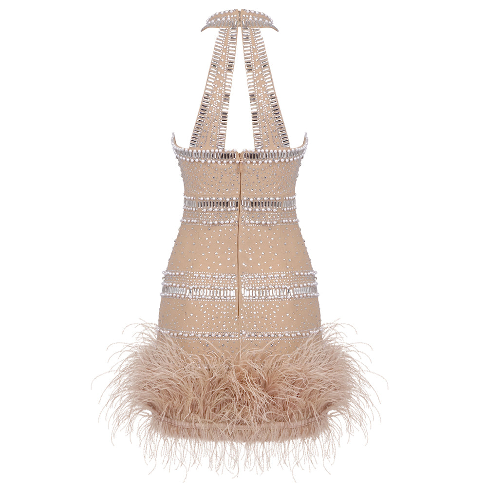 Halter Crystal Feather Dress Nude HV1798