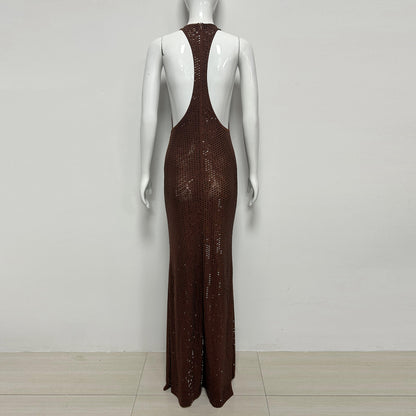Draped Neckline Sparkly Maxi Dress Brown HV3105