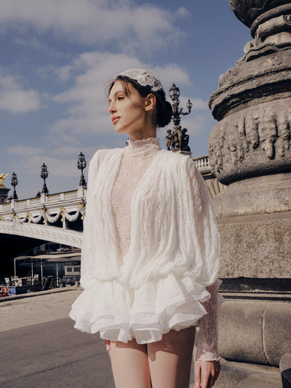 Long Sleeve Draped Lace Ruffle Dress White HV3119
