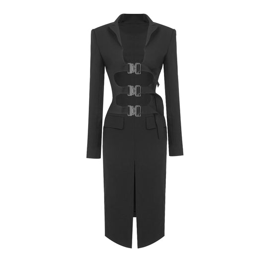 Long Sleeve Buckle Detail Midi Coat Dress Black HV9939