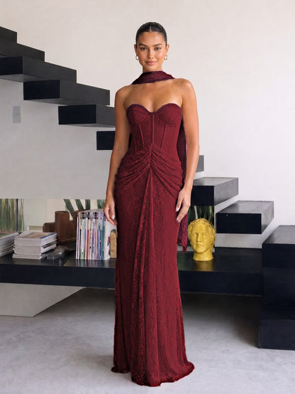 Strapless Draped Lace Bustier Maxi Dress Burgundy HV2706