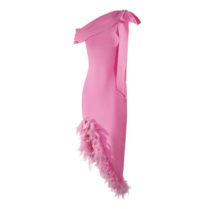 One Shoulder Feather Midi Dress Pink HV1563