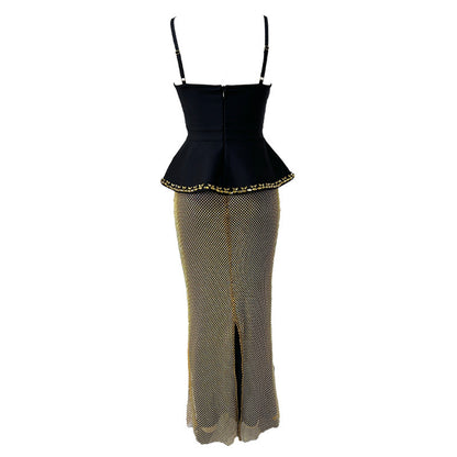 Crystal Peplum Maxi Dress Black Silver HV2669