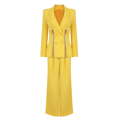 Long Sleeve Crystal Trim Suit Yellow  HV9927